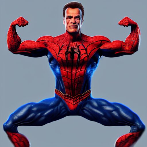 Arnold Schwarzenegger as spiderman , muscle extremely detailed, fantastic details,, trending on artstation, pixiv, cgsociety, hyperdetailed Unreal Engine 4k 8k ultra HD,  WLOP