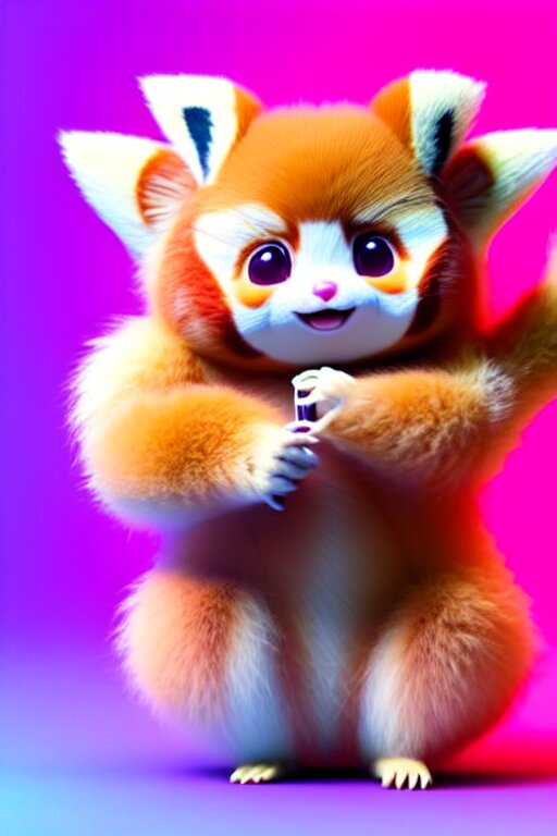 high quality 3 d render hyperrealist very cute pastel fluffy! red panda & tarsier hybrid eating giant ice cream full body, vray smooth, in the style of detective pikachu, hannah yata charlie immer, very dramatic pink light, low angle, uhd 8 k, shallow depth or field