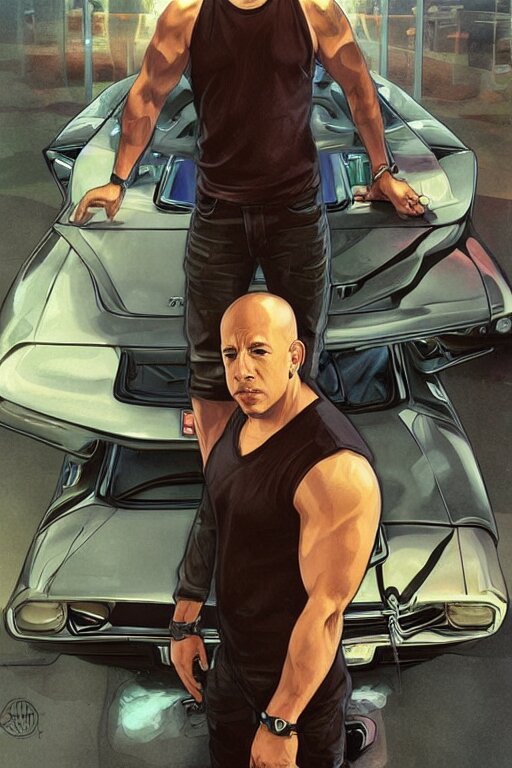 Vin Diesel standing next to a 1970 Dodge Charger, highly detailed, Ross tran and ilya kuvshinov style digital painting. Voila! A modern-day classic.