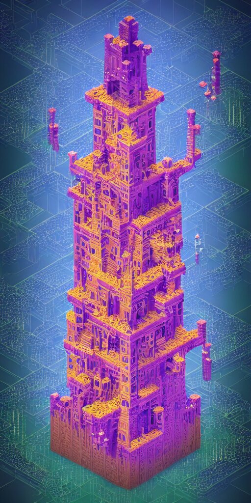 photographic isometric bringer of glowing light and life, mystical, intricate #voxelart ornamental #magica voxel oriental tarot tower floral flourishes, technology meets fantasy, glass, copper, steel, emerald, diamond, amethyst, glass, map, infographic, poster, concept art, art station, style of monument valley, wes anderson