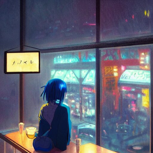 Anime Painting of Beautiful Woman with Blue Hair Sitting in a Cafe Next to a Window on a Rainy Night, Outside are Neon Lights from a Dense City by Makoto Shinkai, Kimi No Na Wa, Artstation, Atmospheric, High Detail. Add some life with neon lights!