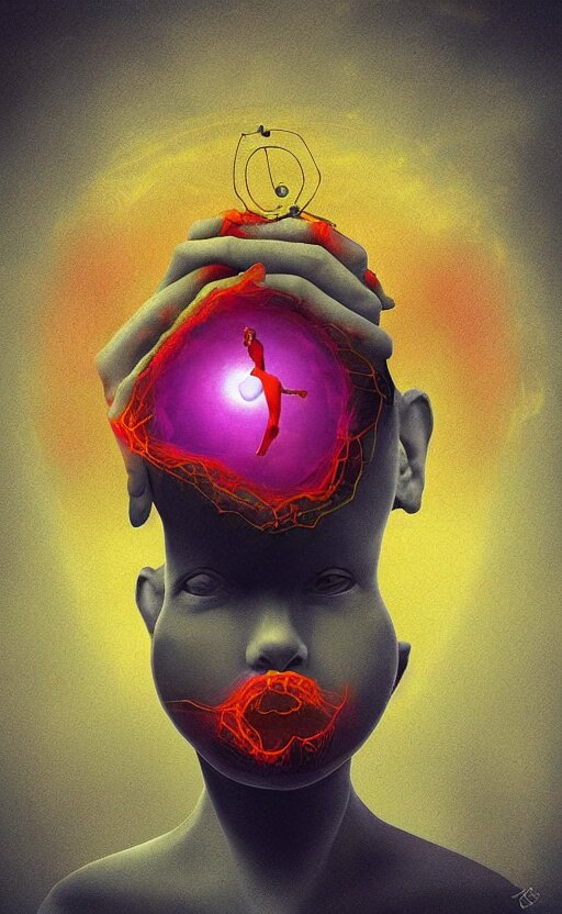 mysterious paranoia, madenning knowlege, forbidden information, cosmic horror, minimal max, in the style of surrealism, digital art modern dali, artstation, bright colors, vibrant