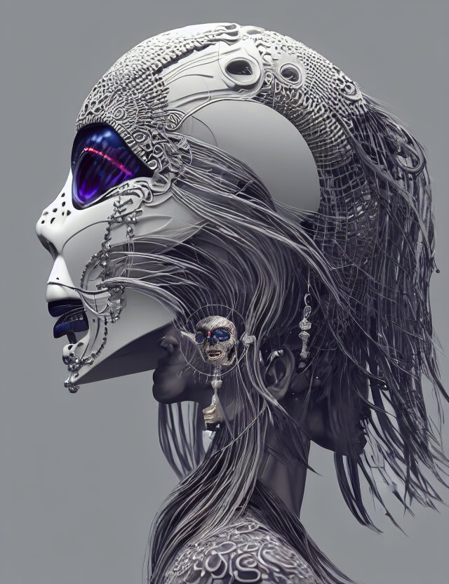 3 d goddess close - up profile simple portrait cybernetic with skull. beautiful intricately detailed japanese crow kitsune mask and clasical japanese kimono. betta fish, jellyfish phoenix, bio luminescent, plasma, ice, water, wind, creature, artwork by tooth wu and wlop and beeple and greg rutkowski 