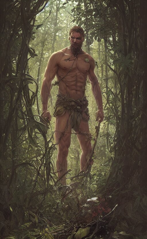 keeper of the forest, rugged, handsome, male, detailed face, clean lines, atmospheric lighting, amazing, full body, thighs, flowers, muscular, intricate, highly detailed, digital painting, deviantart, concept art, sharp focus, illustration, art by greg rutkowski and alphonse mucha