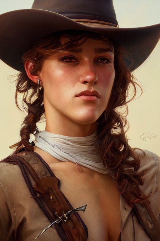 photorealistic portrait of a young butch cowgirl small girl, handsome, female, masculine, upper body, fantasy, fierce, sharp features, intricate, elegant, highly detailed, digital painting, artstation, concept art, matte, sharp focus, illustration, art by artgerm and greg rutkowski and alphonse mucha