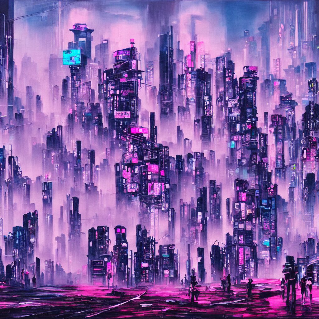 A Overpopulated, Busy, Grim Cyberpunk Metropolis, Fuchsia and Blue, Tokyo Inspired, No People or Buildings Visible. Paint the city a sickly, faded color, with no people or buildings visible.