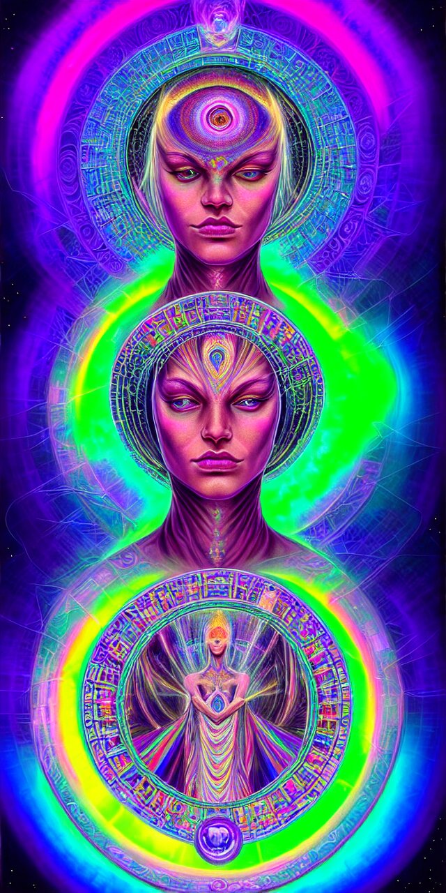 DMT GoddessAlex Grey's dazzling cinematic scale epic symmetrical chromaticity dmt entity - shimmering fluorescent velvet neon blacklight hues and saturation, sacred dmt color entity visionary fantasy art. By Google's Artist in Residence, Alex Grey Android Jones. Artstation-Max Chroma-Rule of Thirds-Golden Ratio-Sacred Geometry-Ai Generated. Add some kind of neon light effect over the top.