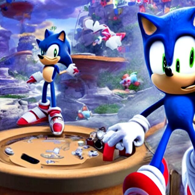 Still of Sonic playing videogames in Mona Lisa. make it a still of the Mona Lisa