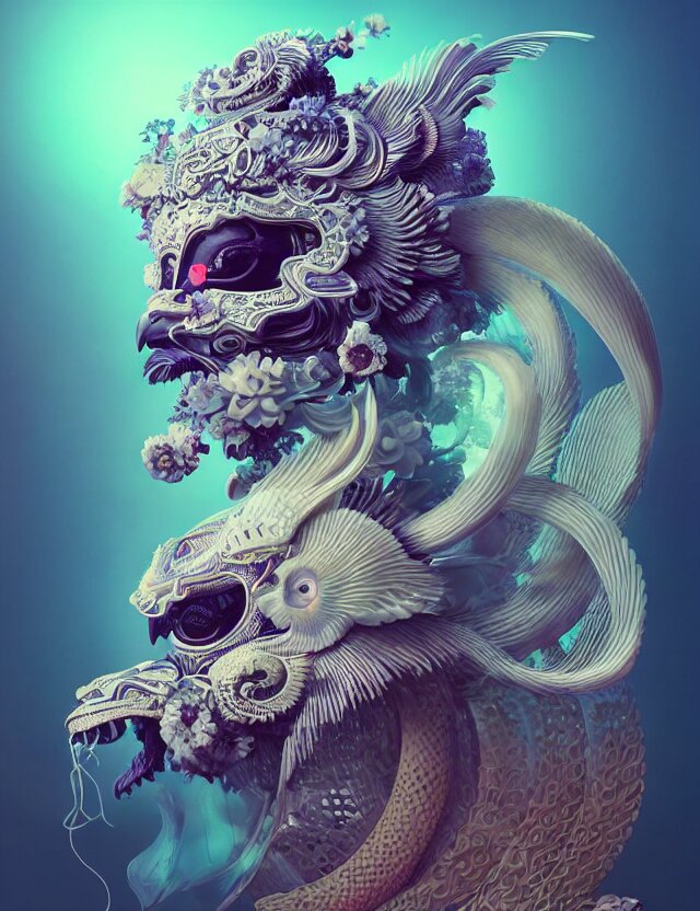 3 d Goddess Close-Up frontal portrait with Ram Skull - beautiful intricately detailed Japanese Crow Kitsune Mask and Classical Japanese Kimono. Bettae Fish, Jellyfish Phoenix, Bio-Luminescent, Plasma, Ice, Water, Wind, Creature, and Artwork by Tooth Wu and Wlop and Beeple and Greg Rutkowski. Add a nice lamp in the background.