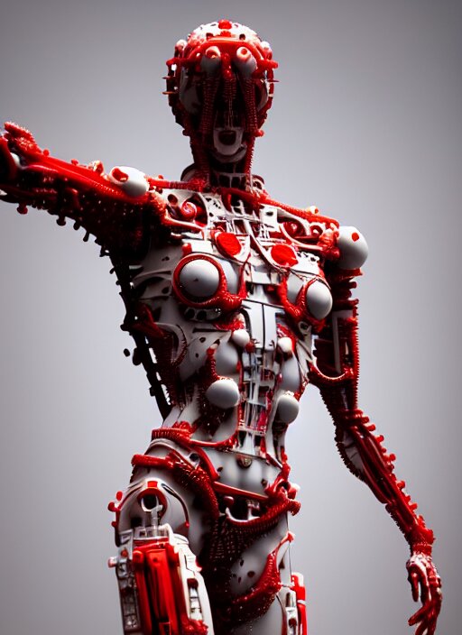 a statue jesus on cross made of red marble, perfect symmetrical body, full body shot, white biomechanical, wearing epic bionic cyborg implants, high detailed space station interior, masterpiece, intricate, biopunk, vogue, highly detailed, artstation, concept art, cyberpunk, octane render 