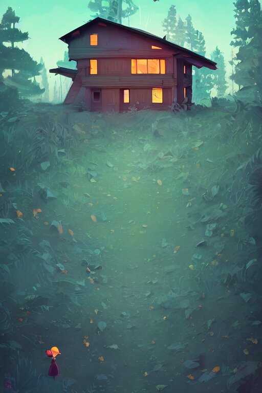 the small elevated house in the forest, dark night, leaves in the air, mushrooms, animals, gibli, james gilleard, atey ghailan, lois van baarle, jesper ejsing, pop art patterns, exquisite lighting, clear focus, very coherent, plain background, very detailed, contrast, vibrant, digital painting. turn it all gray!