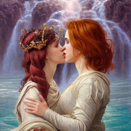 A highly detailed byzantine painting of Scarlett Johansson and Emma Watson as red-haired queens sharing a soft kiss under a waterfall in a gossamer purple dress, epic fantasy, viewed in profile from far away, ultrawide lens, art by artgerm and Greg Rutkowski and Alphonse Mucha, volumetric lighting, 4K resolution, trending on ArtStation. kissing