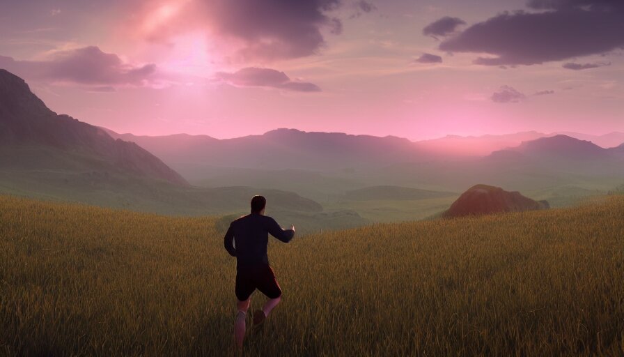 back view of man running on the edge of mountains watching animals in the field in the distance, volumetric light, sunset, hyperdetailed, artstation, cgsociety, 8 k