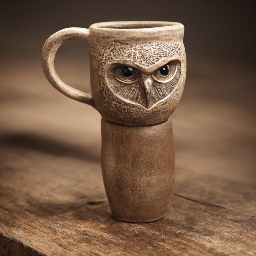 beautiful close - up studio photograph of a hand - thrown stoneware mug with owls carved into it on a wooden table, hyperrealism 8 k trending on artstation