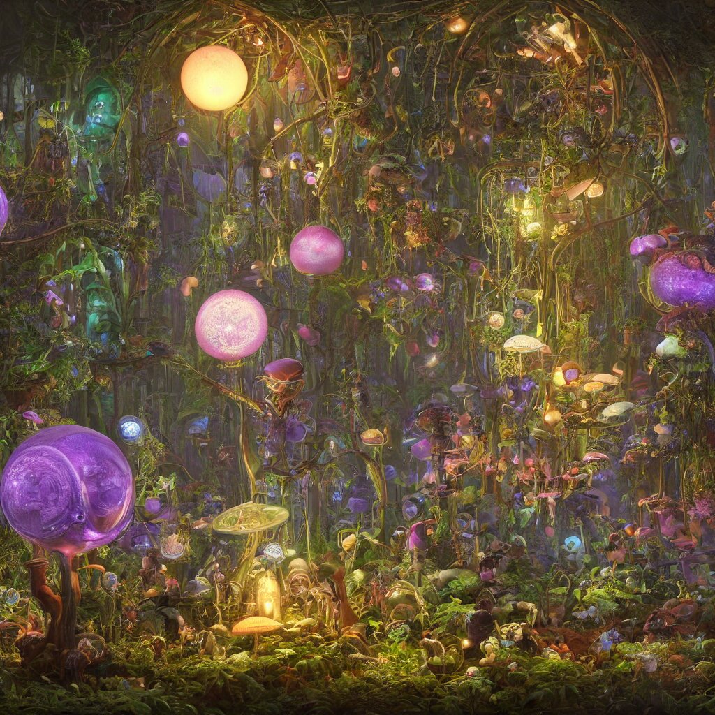 victorian robots and bioluminous mushrooms growing in a spheroid forest, 3d render, nightlight Study, by Jan Davidsz de Heem and Lisa Frank, Art Nouveau, 8k, extreme detail, sharp focus, cinema 4d render