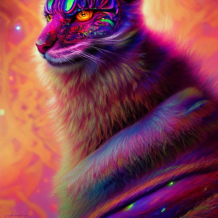 Bright Psychedelic Fuzzy Fluffed Animal Cyborg, Diffuse Lighting, Fantasy, Intricate, Elegant, Highly Detailed, Lifelike, Photorealistic, Digital Painting, Artstation, Illustration, Concept Art, Smooth, Sharp Focus, Art by John Collier and Albert Aublet and Krenz Cushart and Artem Demura and. Add a robotic arm and call it the "Artificial Prophet."