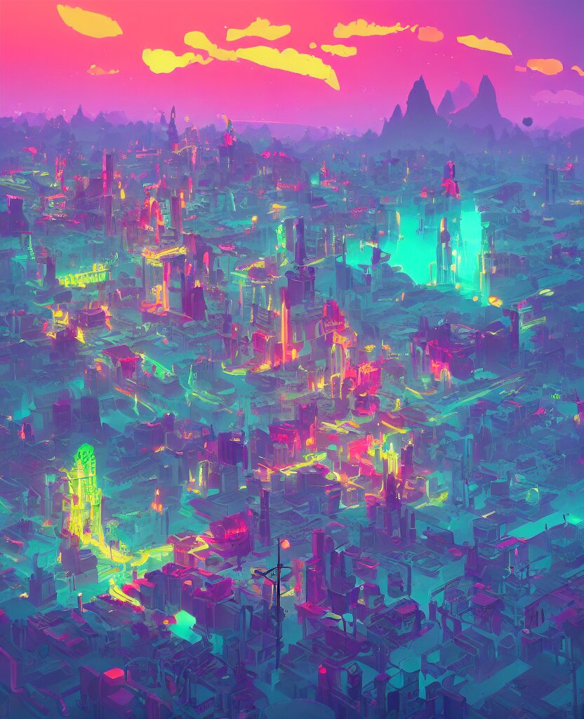 detailed concept art of a DMT city in a fantastic landscape against a morning sky by Anton Fadeev and Simon Stålenhag