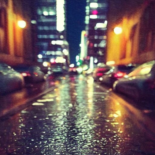 iPhone photo of a rainy night in the city, reflections that are bright blue. bright blue rain is falling down and bounces of the floor