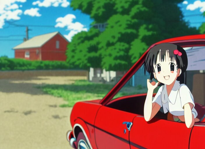 anime fine details portrait of joyful school girl stay near her in old retro red ford mech near village school, nature, bokeh, close-up, anime masterpiece by Studio Ghibli. 8k, sharp high quality classic anime from 1990 in style of Hayao Miyazaki. substitue the car with a giant robot