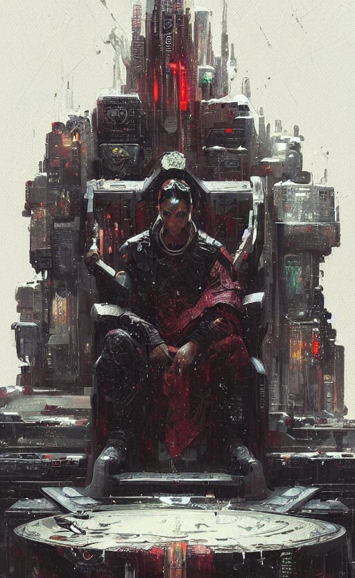 "Beautiful comic style painting of supervillain king on the throne by Greg Rutkowski, very detailed.". Change cyberpunk king to a supervillain