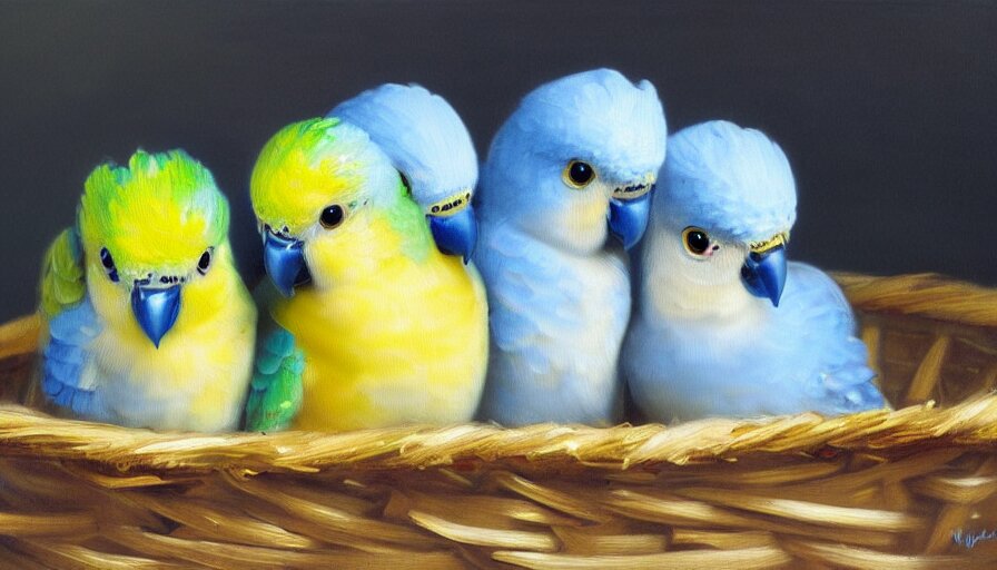 Highly Detailed Painting of Cute Baby Budgies Cuddling Up in a Basket by William Turner, Thick Brush Strokes and Visible Paint Layers, 4k Resolution, Blue and White Colour Scheme with a Sepia Filter. with a sepia filter.