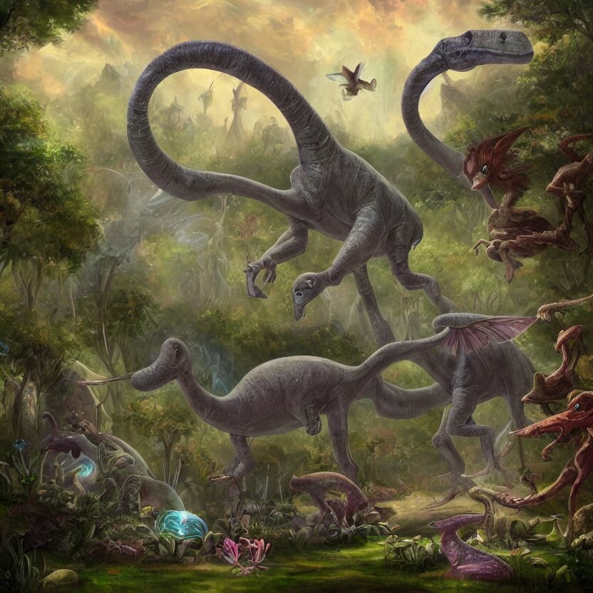 A Painting of Fairies with Iridescent Wings in a Jurassic Garden with a Brontosaurus - Dark Atmosphere, Soft Light Just Before Dawn, Fantasy Art, Trending on ArtStation. add a swamp, and a dragon.