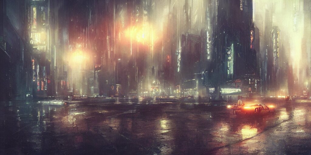 bladerunner cityscapes, featured on Artstation, cgsociety - with added rain!. rain droplets are falling to the ground and water bouncing of the floor