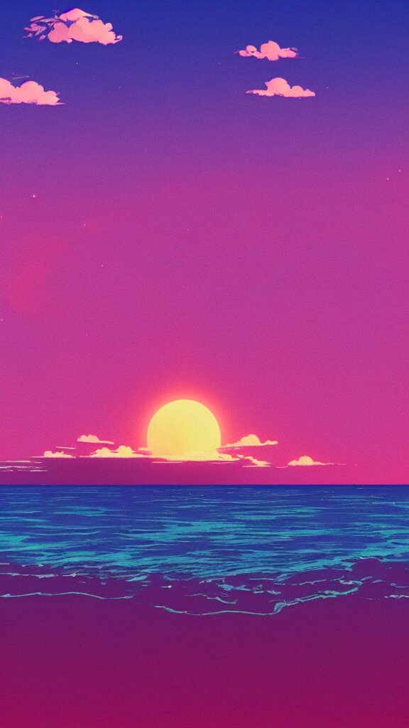 beautiful beach horizon view of the tropical pink ocean on an alien planet, pink vaporwave ocean, clear sky, planet in space over the horizon, trending on artstation, digital art by hayao miyazaki, studio ghibli style