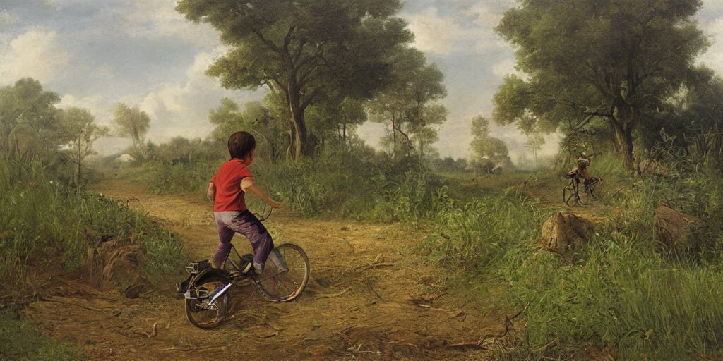 same picture, same boy, continue his journey with the bicycle through the forest