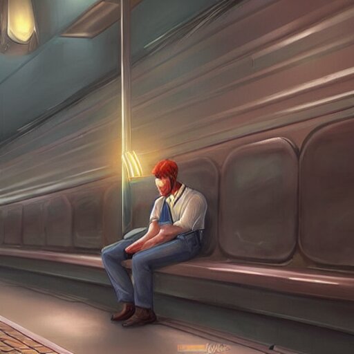 a beautiful painting of a lonely man sitting in an uncomfortable bed by artgerm, concept art, cinematic lighting. convert the subway seat into an uncomfortable bed