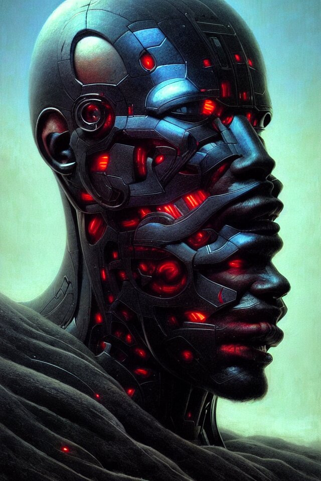 A striking portrait of a black cyborg god king by moebius and hr gigerr and beksinski, trending on artstation, digital art, 4 k resolution, detailed, high quality, sharp focus, hq artwork, insane detail, cinematic, volumetric lighting, character concept art, fine details, clear face. except for the blurred background. blur the background