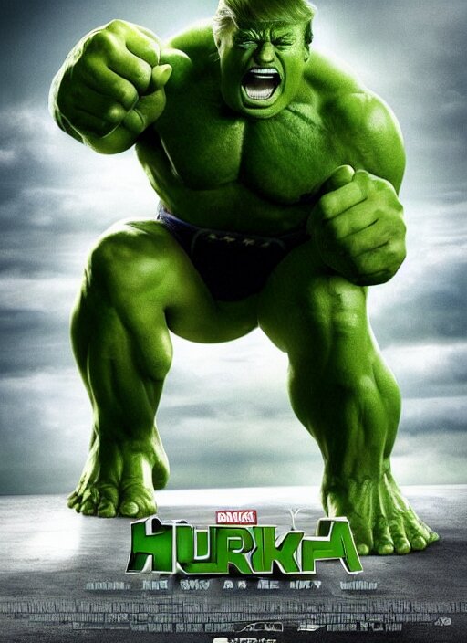 donald trump as the hulk, he's green, superhero movie poster still, 4 k