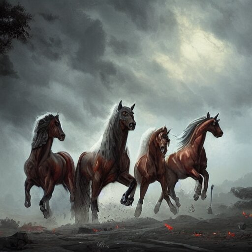 the four horses of the apocalypse, digital Art, Greg rutkowski, Trending artstation, cinematographic, hyperrealistic