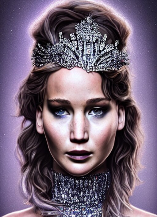 jennifer lawrence portrait, with a brilliant, impossible striking big shiny crystal headpiece, quartz, clothes entirely made out of crystal quartz, black hair, crystal background, symmetrical, dramatic studio lighting, rococo, baroque, hyperrealism, closeup, d & d, fantasy, intricate, elegant, highly detailed, asian, digital painting, artstation, octane render, 8 k, concept art, matte, sharp focus, illustration, art by artgerm and greg rutkowski and alphonse mucha