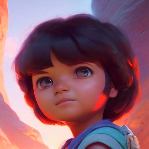 dora the explorer, illustrated by greg rutkowski and gaston bussiere, cgsociety contest winner, artstation, portrait image, photorealistic facial features, 4 k, 8 k, volumetric lighting, white backdrop