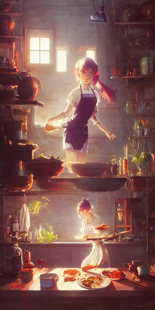 girl cooking dinner, food wars, stephen bliss, unreal engine, fantasy art by greg rutkowski, loish, rhads and lois van baarle, ilya kuvshinov, rossdraws, tom bagshaw, alphonse mucha, global illumination, detailed and intricate environment, black girl. make the girl black