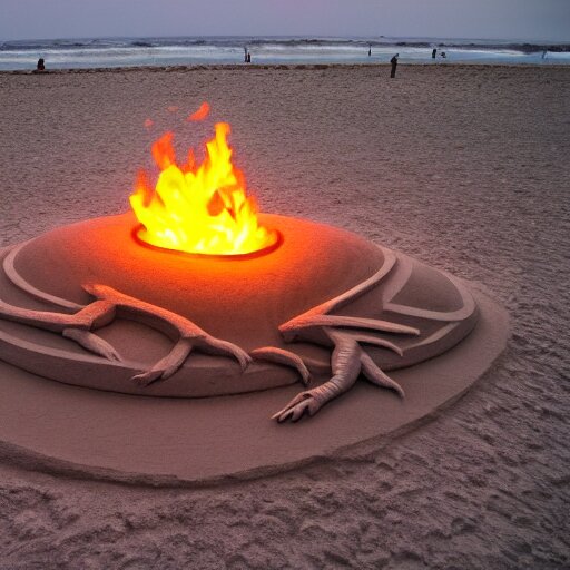 A photo of a sand sculpture on the beach, the sand sculpture is shaped like a dinosaur and is breathing fire, in 4K, highly realistic. the flames are dancing in the wind