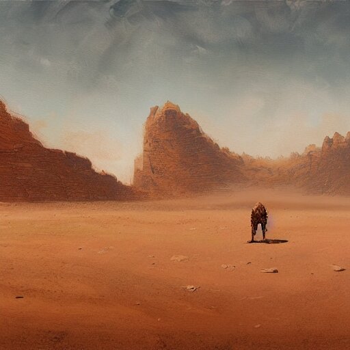 Panorama view of a giant golem in a desert, oil painting, by Greg Rutkowski