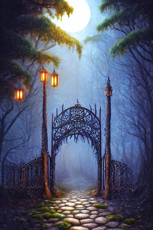 A beautiful digital illustration painting of a detailed gothic fantasy skeleton forest trees and iron gate cobblestone pathway vines full moon by justin gerard, james gurney, 8 k resolution trending on artstation concept art digital illustration. replace the fireflies with skeletons.