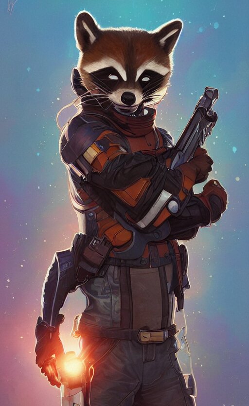 Rocket Raccoon, highly detailed, digital painting, artstation, standing, facing camera, concept art, smooth, sharp focus, illustration, art by artgerm and alphonse mucha, high definition digital art, dramatic lighting, in the style of ilya kuvshinov and Ross tran