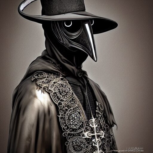 a beautiful portrait of a futuristic plague doctor, posing, symmetrical composition, centred composition, black Filigree armour, mid view, very detailed render, very realistic render, elegant render, rendered in unreal engine and cryengine