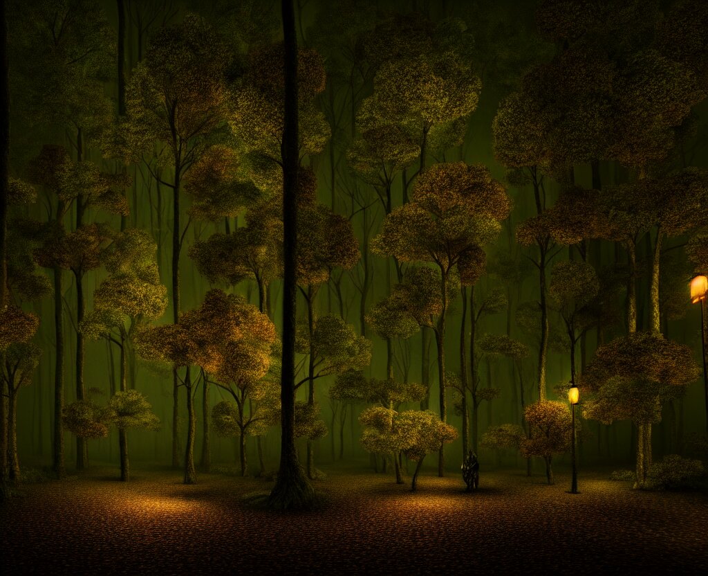 Glowing night forest with beautiful trees and birds with light bees