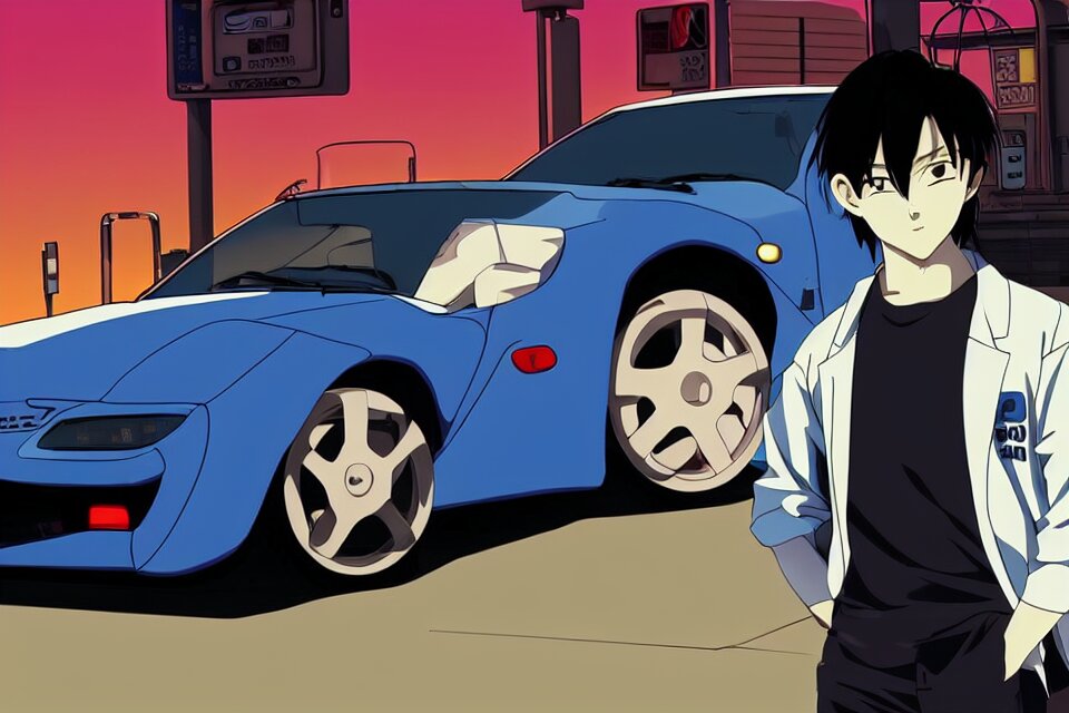 Aesthetic illustration of very serious ryosuke takahashi with black hair wearing a dark blue shirt and white pants stands leaning with one leg on his white mazda rx 7 on an empty gas station at night, initial D anime 1 0 8 0 p, detailed anime face, high detail, 9 0 s anime aesthetic, Unreal Engine 5 render, Pinterest wallpaper. make it nighttime