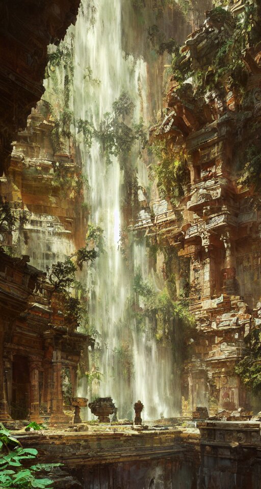 ancient temple ruins interior, waterfall, intricate, elegant, vivid colors, highly detailed, john park, craig mullins, sparth, ruan jia, jeffrey catherine jones