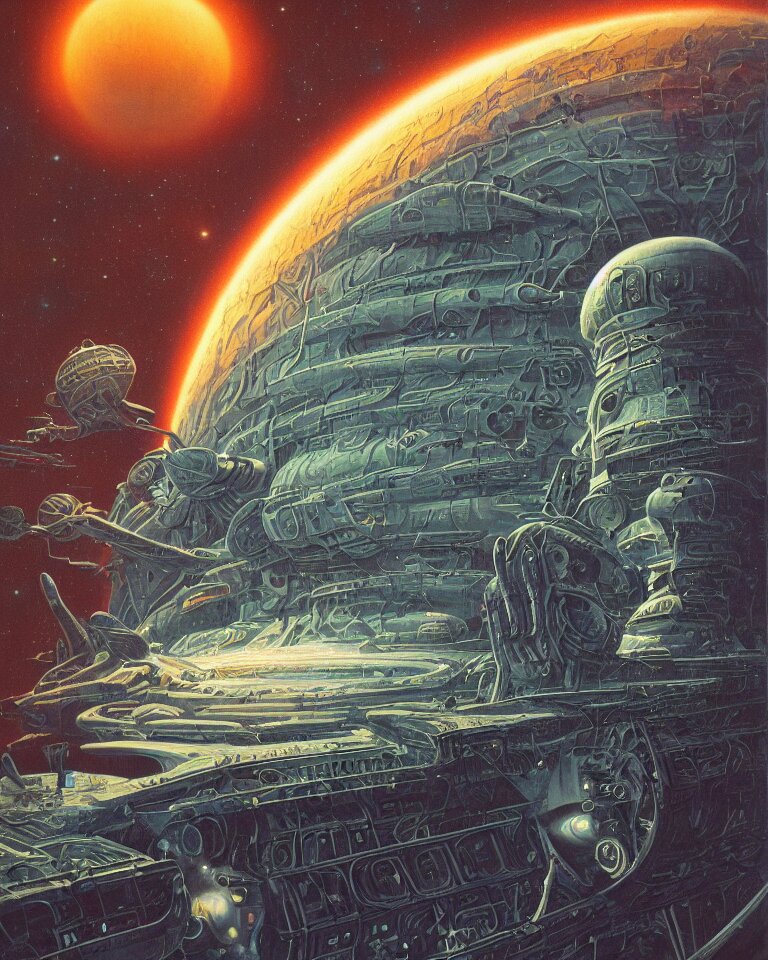 vintage scifi book cover, 6 0 s, cosmic, alien planet, a single lonely massive spaceship, gross alien, retro futurism by tim hildebrandt, wayne barlowe, bruce pennington, donato giancola, larry elmore, oil on canvas, masterpiece, trending on artstation, cinematic composition, beautiful lighting, sharp, details, hd, 8 k 