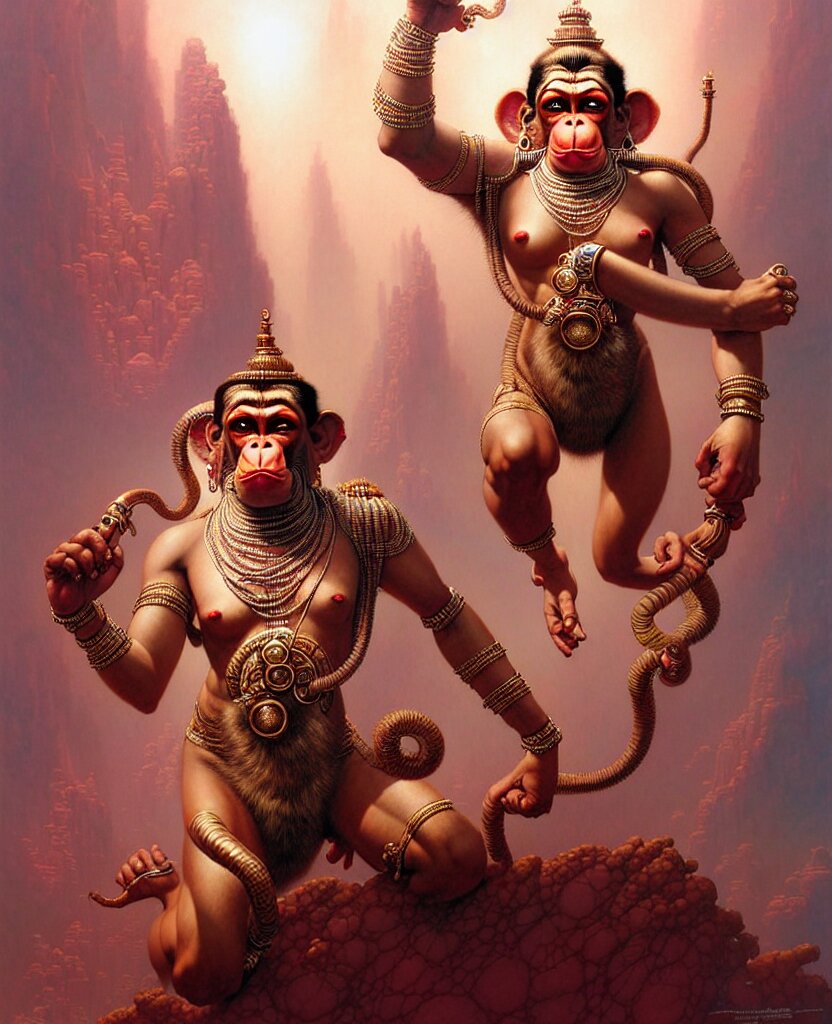 beautiful Hanuman fantasy character portrait, ultra realistic, wide angle, intricate details, The Fifth Element artifacts, highly detailed by Peter Mohrbacher, Hajime Sorayama, Wayne Barlowe, Boris Vallejo, Aaron Horkey, Gaston Bussiere, Craig Mullins. add a glowing green aura around the character