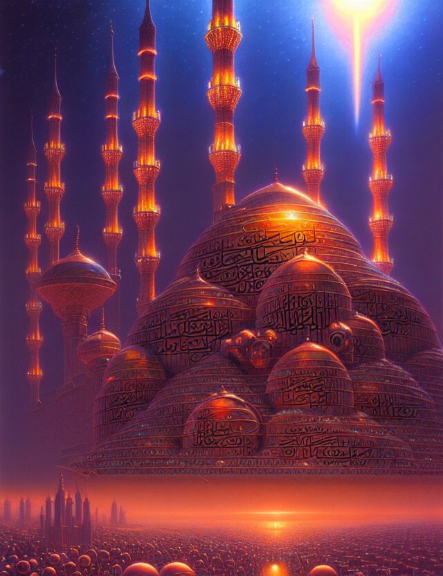 A Giant Mosque Mecha, Tim Hildebrandt, Wayne Barlowe, Bruce Pennington, Donato Giancola, Trending on Artstation, Cinematic Composition, Beautiful Lighting, Hyper Detailed, 8K, Oil on canvas. Mosque