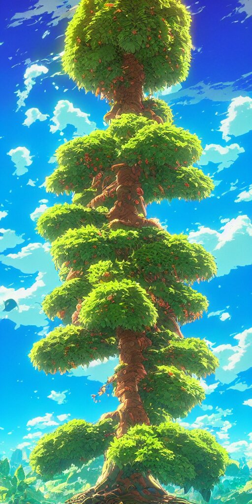 epic cannabis tree, vivid tones, wide angle, by miyazaki, nausicaa, studio ghibli, breath of the wild. With a few buds. With a few buds.