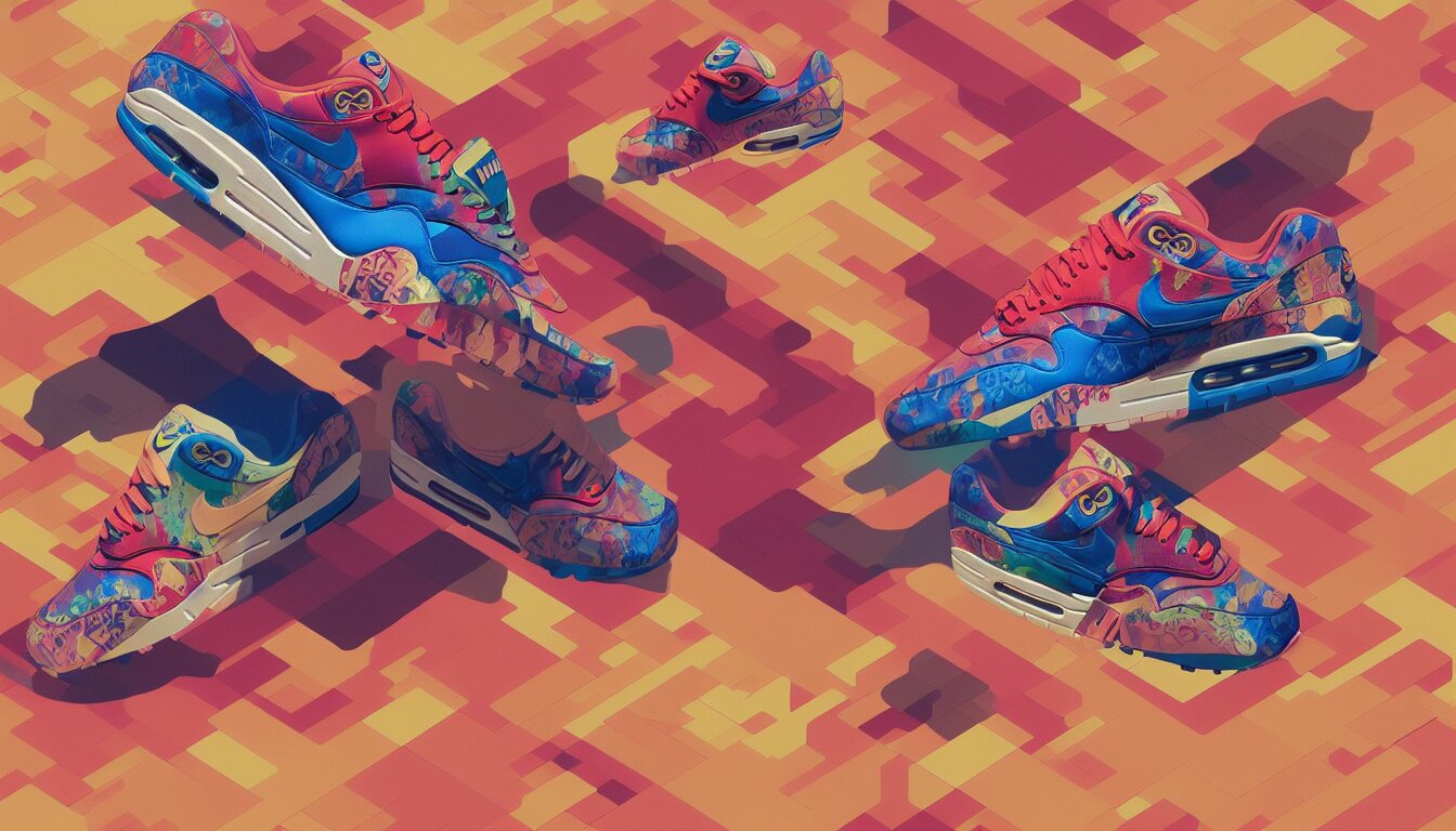 excellent painted isometric view of 'nike air max 1', high quality masterpiece painted, patterned background, 4k, trending on artstation, octane render, art by James Jean and artgerm and greg rutkowski and alphonse mucha and craig mullins and James Jean and Andrei Riabovitchev and Marc Simonetti and peter mohrbacher