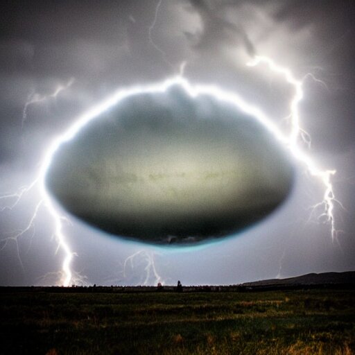 giant eyeball in the sky, thunder and lightning in the background, ufo coming out of the giant eyeball in the sky, dramatic lighting, melancholy